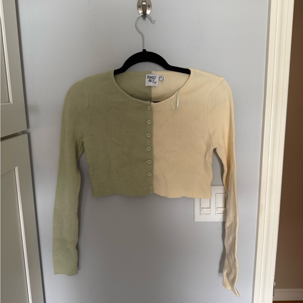 Princess Polly Mateo cropped cardigan featuring a two-tone sage green and cream